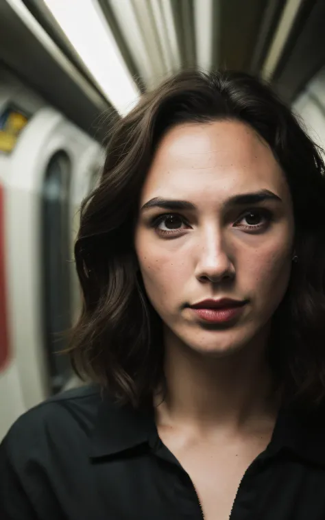 (Melhor Tiro, fotografia editorial de uma jovem de 30 anos gal gadot), (rosto altamente detalhado:1.4) (sorrir:0.7) (Fundo  tunel metro abandonado dentro do escuro, Moody, estudo privado:1.3),  Directed by: Lee Jeffries, Nikon D850 | | | | | | | | | | | | ...