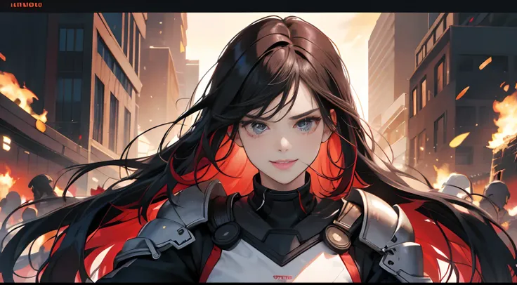 (Best Quality,4K,High resolution), girl with, Red mesh hair on black hair, Long straight hair, sharp eye， Smile refreshingly， Hero Suit，Comical appearance，noisy，rampage，comic strip，animesque，Comical illustration，Bustling background，Deformed cute illustrati...