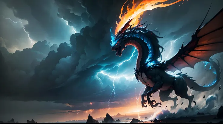 (The main subject: Wide-angle lens), The flame is light blue,[（multicolor，chinesedragon+horn+flowing mane+sharp claws and fangs)+(Dynamic and powerful wings）], Lightning,dramatic clouds,(Deep depth of field), rich details​, (Wide sky), (sense of vastness),...