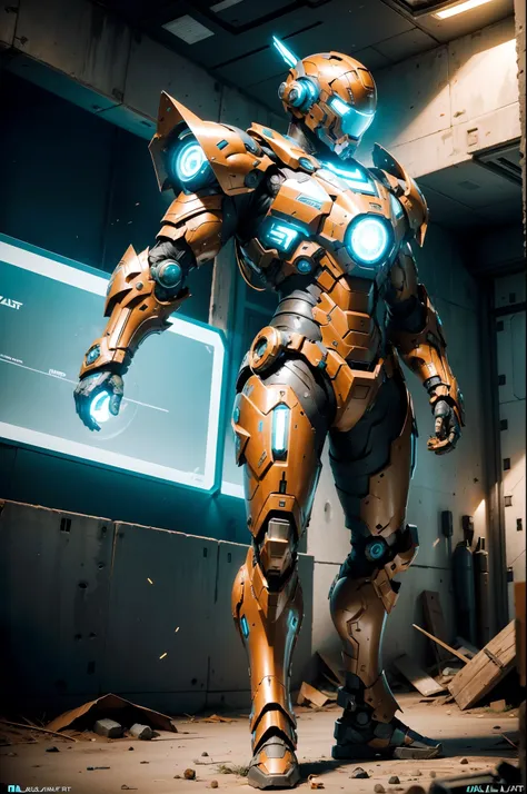 (Futuristic :1.4), Unidade de Busca e Salvamento,1 soldado, Searching in ruins with scanning devices, ((futuristic armor AND tactical helmet)), ((PLANETA azul no fundo)) , Armadura Laranja, capacte estilo ironman, UHD, master part