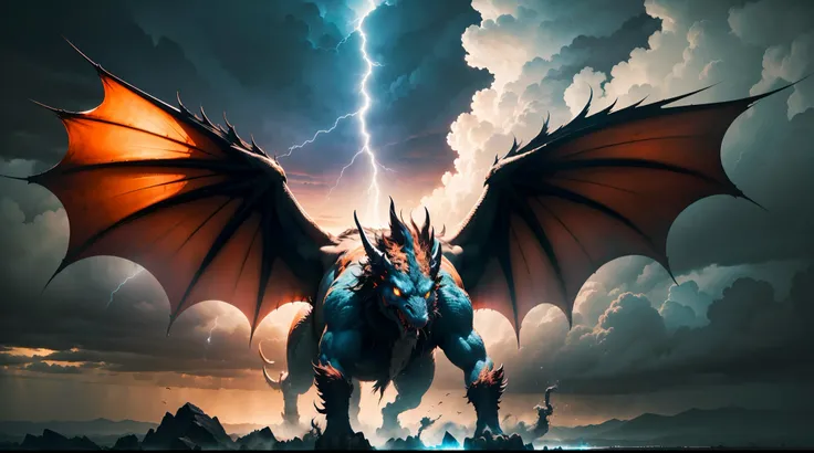 (The main subject: Wide-angle lens), The flame is light blue,[（multicolor，chinesedragon+horn+flowing mane+sharp claws and fangs)+(Dynamic and powerful wings）], Lightning,dramatic clouds,(Deep depth of field), rich details​, (Wide sky), (sense of vastness),...