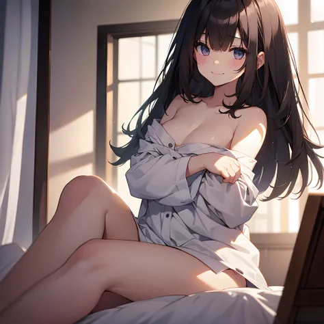 Full naked girl、white sheets、A dark-haired、Medium bob、Shy face、A smile、medium chest、hiding body with sheets