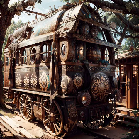 bohoai train, intricate black filigree AND marbledmix19 wood, very detailed