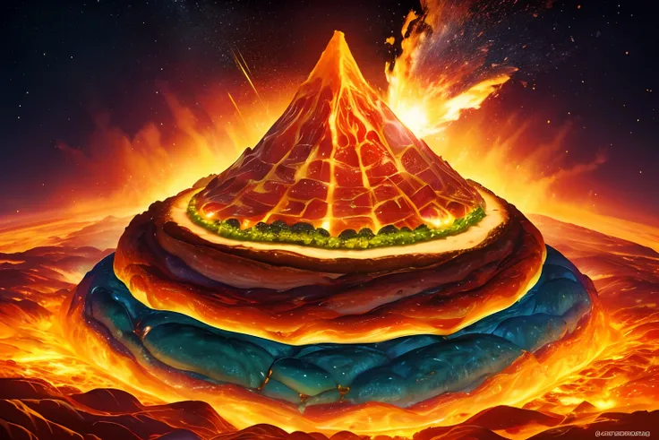 (ultra high detailed, 8K, masterpiece, top quality:1.1), pizza volcano erupting, shining pizza, cheese lava, (scattering:cheese, bacon, vegetables) , universe background, landscape, panorama, abstract art, psychedelic art