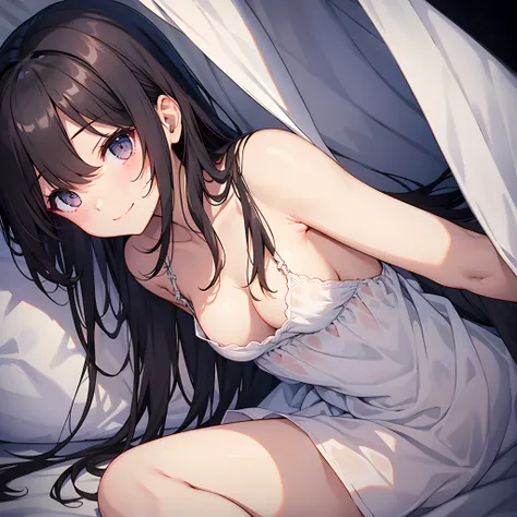 Girl hiding body with sheets、White sheets、A dark-haired、fullnude、Medium bob、Shy face、A smile、Medium chest、Hide your body with sheets