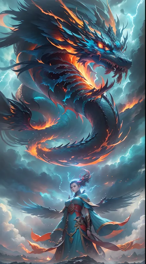 (The main subject: Wide-angle lens), The flame is light blue,[multicolor,(Chinese dragon anthropomorphism)+(Dynamic and powerful wings）], Lightning,dramatic clouds,(Deep depth of field), rich details​, (Wide sky), (sense of vastness),Energy and vitality, I...