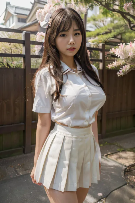 (Best Quality,8K,High resolution:1.2),(Beautiful Realistic Asians:1.4)、(cute Japanese girls:1.4),(Huge breasts:1.20),(glamorous),(Japan in school uniform,serafuku,Pleated skirt,Sailor collar,White shirt:1.2)、Professional、