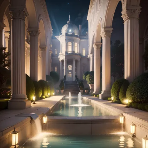 Lord white Palace in the city , soft lights, garden , fountain, microdetail,