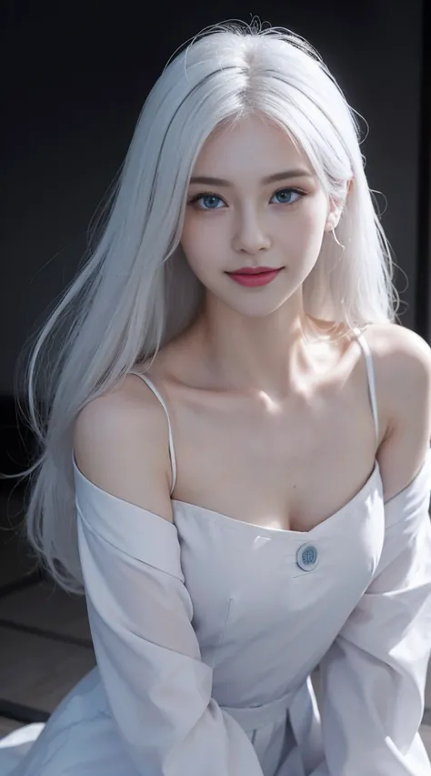 8K, Top Quality, Intricate Details, Ultra Detail, Ultra High Resolution, Masterpiece, random angle,  Slender, Smile, (Makeup: 0.4), (Fluffy Blue Eyes: 1.21), blue Eyes, looking at viewer, ((full body)), 1girl, solo, 1 girl, (( full body)), close up shot, ,...