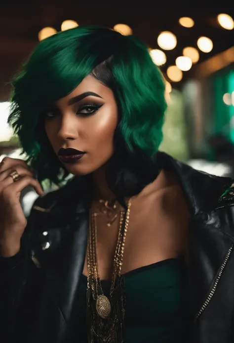 a rap girl singer , wild, beautiful, with green and black hair