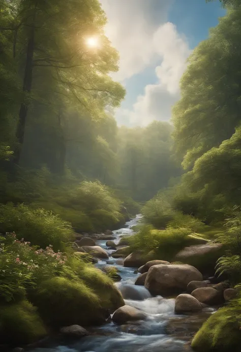 A dense forest，with blue sky and white clouds，There are a lot of cute little animals and elves playing in the forest，There is a clear stream next to the grass。down view，中景 the scene is，Close-up，Consistent style