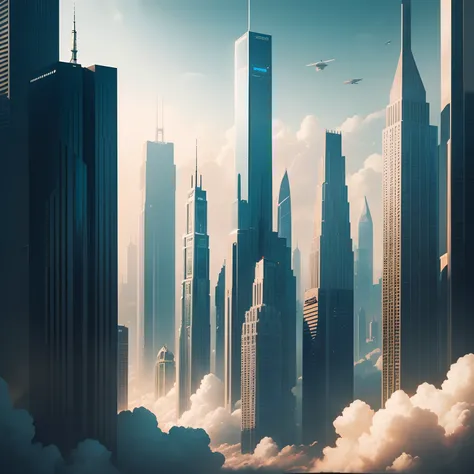 A number of skyscrapers stand out from among the clouds，cyberpunked，futuristic cities，ＳＦArt Works，超A high resolution，planet earth，​masterpiece，Future City，dream、Building height１０fold，