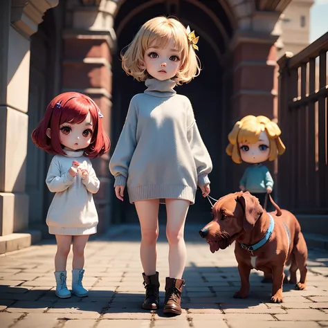 ​masterpiece、top-quality、ultra-detailliert、(Chibi Charas Daughter:1.2)、(Redhounds Tooth Court:1.4), Off-White Turtleneck Sweater Dress、Light Blue Bob、Short boots、The background is the port city of Cape Town