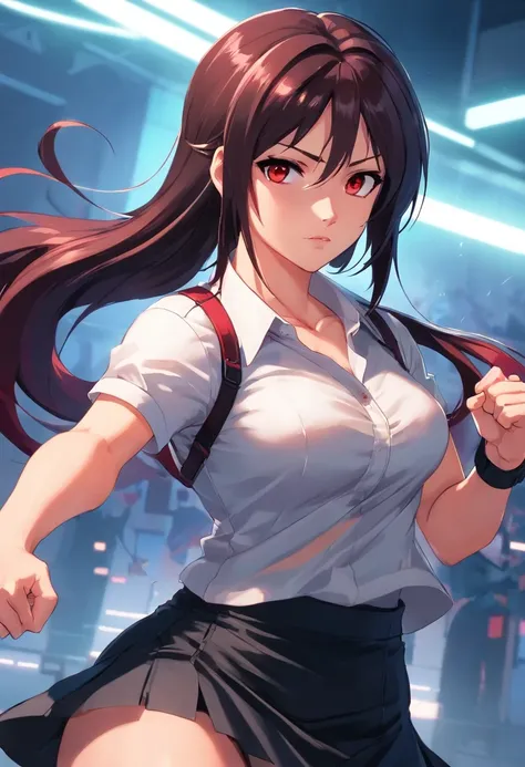 Tifa Lockhart in a fighting stance (Adult,cabelos preto e longos, Crimson eyes,White shirt,Black skirt,curvy body,thin waist)