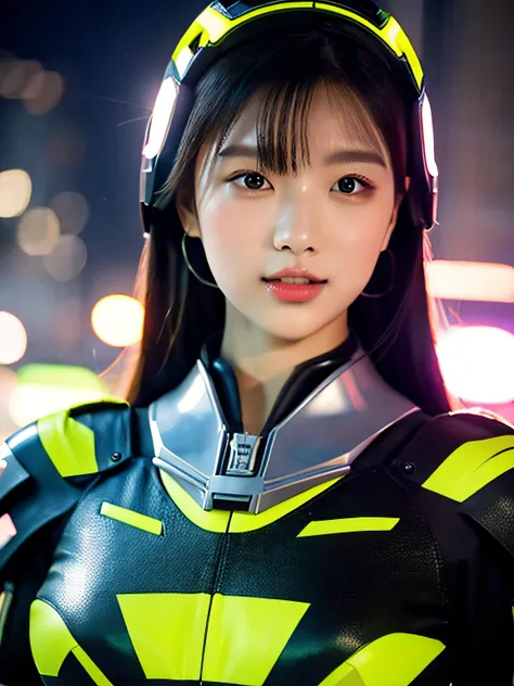 Highest image quality, excellent details, Ultra-high resolution, (Realism: 1.4), The best illustrations, favor details, Highly condensed 1girl, with a delicate and beautiful face, Dressed in black and green mechs, Wearing a mecha helmet, holding a directio...