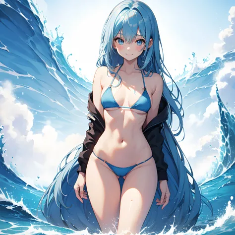 1womanl, Solo, 24 year old, (cute  face), ((Composition from head to thigh)), blue long hair, Light blue bikini, T back bikini, Drenched hair, Sexy body, Wet, Smile, small tits, slenderness, Small buttocks, One-person viewpoint, masutepiece, ((Anatomically...