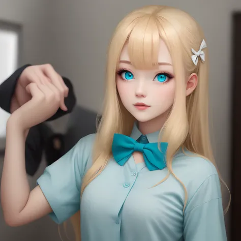 hairlong,Cyan eyes,blonde woman,shirt,bow on the shirt