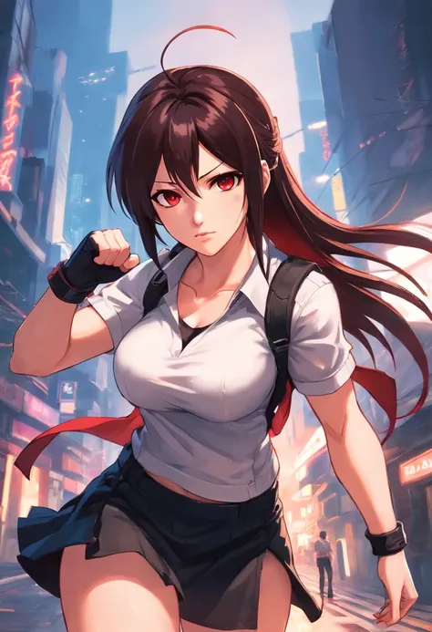 (Tifa Lockhart in a fighting stance)Adult,cabelos preto e longos, Crimson eyes,White shirt,Black skirt,curvy body,thin waist