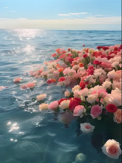 Flowers float in the water，The sun shines on them, flowers sea everywhere, flowers sea rainning everywhere, Beautiful and aesthetic, an aesthetic field of flowers, beautiful aesthetic, pastel overflow, Beautiful flowers, wallpaper aesthetic, Beautiful ocea...