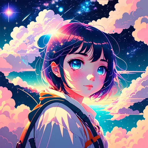 1 girl, eye, close up, beautiful night sky, meteor shower, beyond the clouds, water surrounded, reflections, wide angels, breathtaking clouds, wide angle, by makoto shinkai, thomas kinkade, james gilleard, by holosomnialandscape, hdr, volumetric lighting, ...