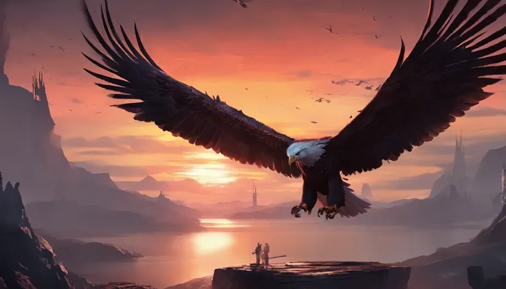 (extremely detailed CG unit8k wallpaper, Master parts, Best quality), amazing sunset, The eagle flies over the horizon.