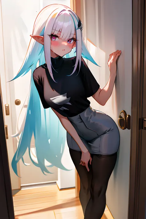 One girl with long hair, white hair, looking at viewer, flirting, blushing, oversized naked black t shirt, t shirt only, thigh, pointy ears, perfect waist, pantyhose, leaning against the room door