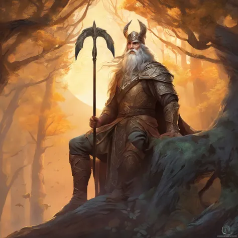 (best quality, highres, realistic:1.37), Odin hanging on a tree, piercing spear, detailed facial expression, intricate branch textures, realistic forest background, ethereal lighting, mystical atmosphere, ancient Norse mythology, divine symbolism, traditio...