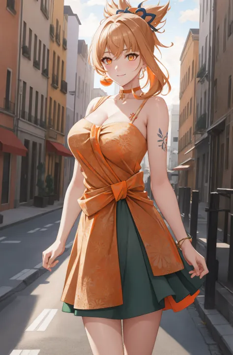 (day:1.7), standing in front of  a building in the background,
green dress with a yellow bow tie and earrings,
yoimiya, arm tattoo, choker, hair ornament, light brown hair, long hair, (orange eyes:1.5), red choker, sidelocks,
1 girl, 20yo,young female,Beau...