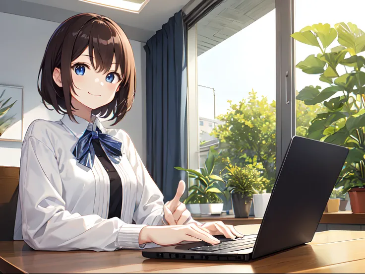 early evening、Indoor Coffee Stylish、Adult woman in anime using laptop((Using a laptop on the table))、25-years old、Upper body, mid-shot,Thumbs up、 femele, Detailed eyes, ((Beautiful woman using laptop)), ,short-hair, Brown hair, Bangs,Everyday clothes、Cloth...