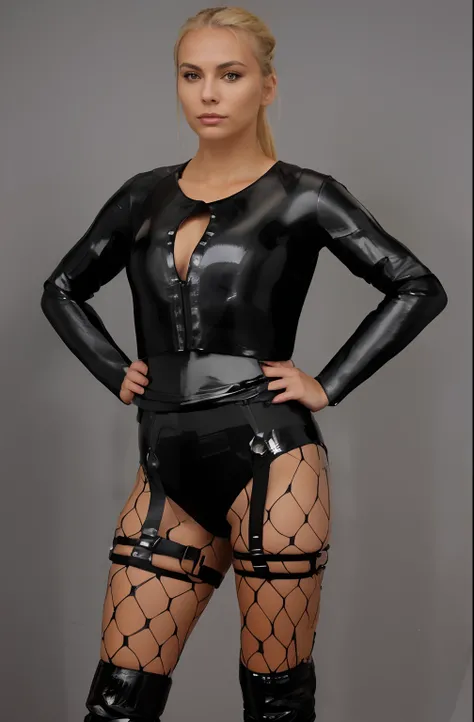 Blonde American woman in black leather outfit posing for a photo, costume en cuir noir, Fancy leather clothing, body en cuir, skintight black clothes ,hyper detailed, detailed body ,Ensemble complexe en latex, Tight-fitting leather clothing, wearing black ...