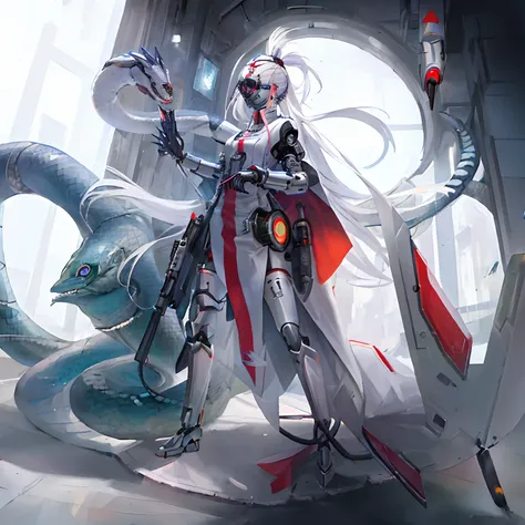 (Best quality,Masterpiece:1.2),1girll,Futuristic technology,Cybernetics body modification,assassins,White hair,Mechanical body,robotic hand,Claws,Snake pets,Full view,