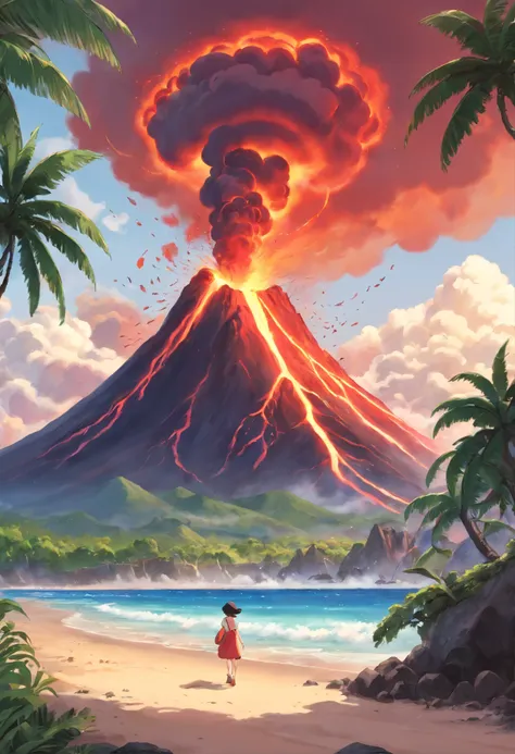 Volcano mountain, (tropical island:1.2), (tropical tree:1.2), sea, beach, eruption, foggy, red tone sky, animal running, disasters scenes, lava, masterpiece, vibrant color