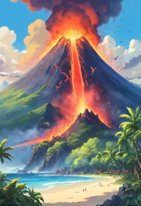 Volcano mountain, (tropical island:1.2), (tropical tree:1.2), sea, beach, eruption, foggy, birds, disasters scenes, lava, masterpiece, vibrant color