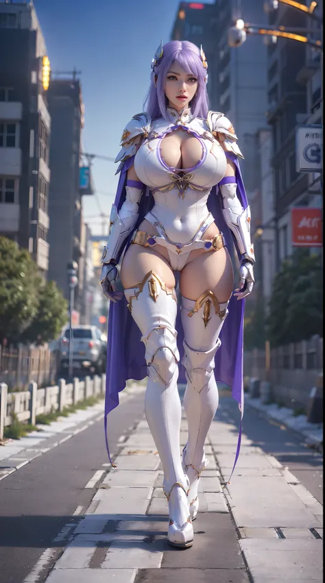 1GIRL, SOLO, (ssmile, makeup, beautifull eyes, red libs, white hair, gold ornament hair), (HUGE FAKE BOOBS:1.3), (GUARD ARM), (white, purple, blue, IN FUTURISTIC DRAGON ARMOR, GIRL IN MECHA CYBER ARMOR, ROYAL CAPE, CLEAVAGE, BLACK SKINTIGHT HOTPANTS, HIGH ...