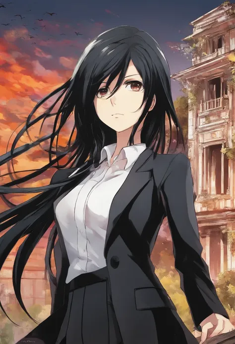 Mikasa Ackerman, with long black hair, Dressed in an elegant black suit, Walk around an abandoned house at sword point, super detailed image, Manga style, Full-HD