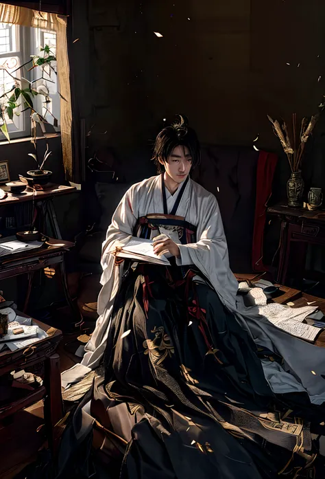 An adult Chinese man sits cross-legged in a dark room, Dressed in traditional Chinese white clothing.
A beam of light came in through the skylight.
Countless sheets of paper are scattered around the male, Overwritten in writing.
Writing desk and calligraph...