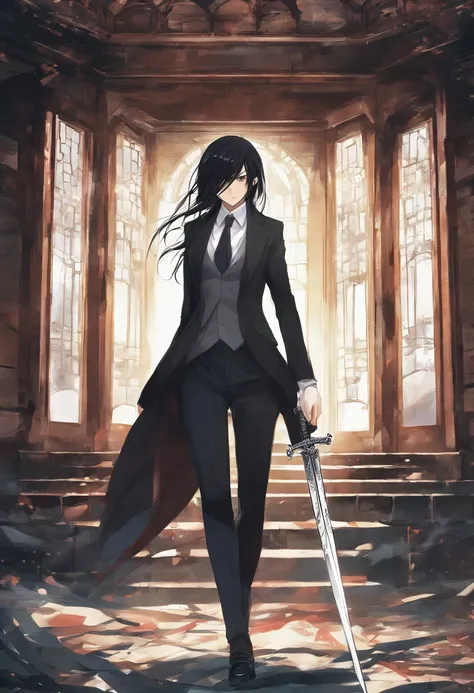 Mikasa Ackerman, with long black hair, Dressed in an elegant black suit, Walking around an abandoned house with the tip of a sword, super detailed image, Manga style, Full-HD