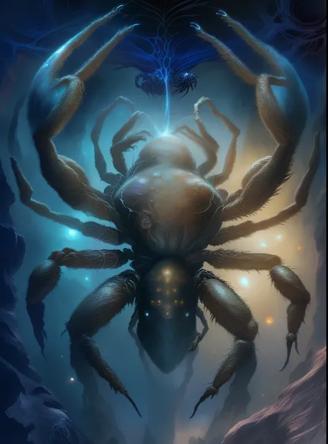 There is a large spider in the middle of the space, Inspired by Tomasz Alen Kopera, author：Alexi Bricklot, inspired by Aleksi Briclot, amazing space creature 4 k, Tomasz Alen Kopera and CGsociety, lolth, epic fantasy sci fi illustration, cosmic horror conc...