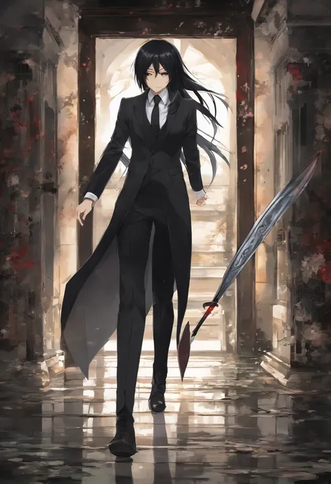 Mikasa Ackerman, with long black hair, Dressed in an elegant black suit, Walking through an abandoned house with the tip of a sword, super detailed image, Manga style, Full-HD、Zito-order