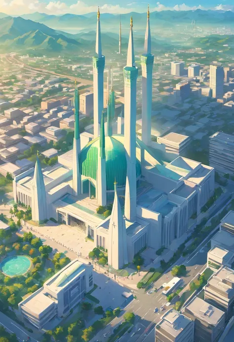 aerial view of Islamabad city in the year 2070, include known landmarks of Islamabad like the Faisal Mosque