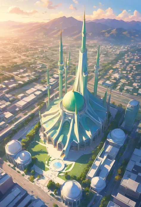 aerial view of Islamabad city in the year 2070, include known landmarks of Islamabad like the Faisal Mosque