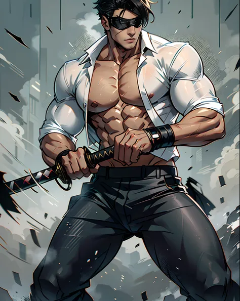 Handsome muscular Boy, covered both eyes with blindfold, wearing white shirt black pants, holding katana, standing in rain, --auto --s2