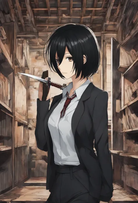 Mikasa Ackerman, with long black hair, Dressed in an elegant black suit, Walking through an abandoned house with the tip of a sword, super detailed image, Manga style, Full-HD、Zito-order