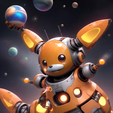 3d computer rendered image of 3DCG, digital illustration of a cute robot with a round head and body, colorful galaxy patterns on the robots head and body, big eyes and a small mouth, the robot has two arms and two legs with yellow and orange accents , grad...