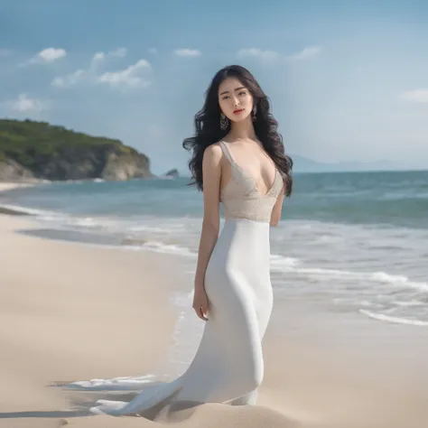 Japan woman with beautiful shape of rounded waist and perfect back on beach looking at camera、１Beautiful 25 year old woman、Black hair straight long hair、(masutepiece,8K,top-quality)