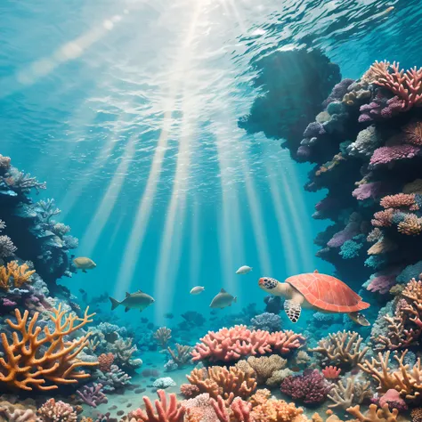 Best quality, masterpiece, ultra high res, (photorealistic:1.4), raw photo, (majestic) turtle, (underwater) in a (coral reef) environment, with (vibrant colors) and (sun rays) shining through the water, (swimming) gracefully.