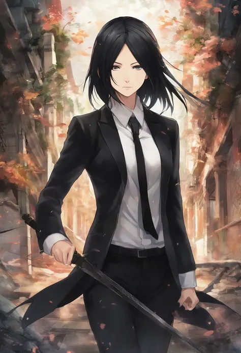 Mikasa Ackerman, with long black hair, Dressed in an elegant black suit, Walking through an abandoned house with the tip of a sword, super detailed image, Manga style, Full-HD、Zito-order