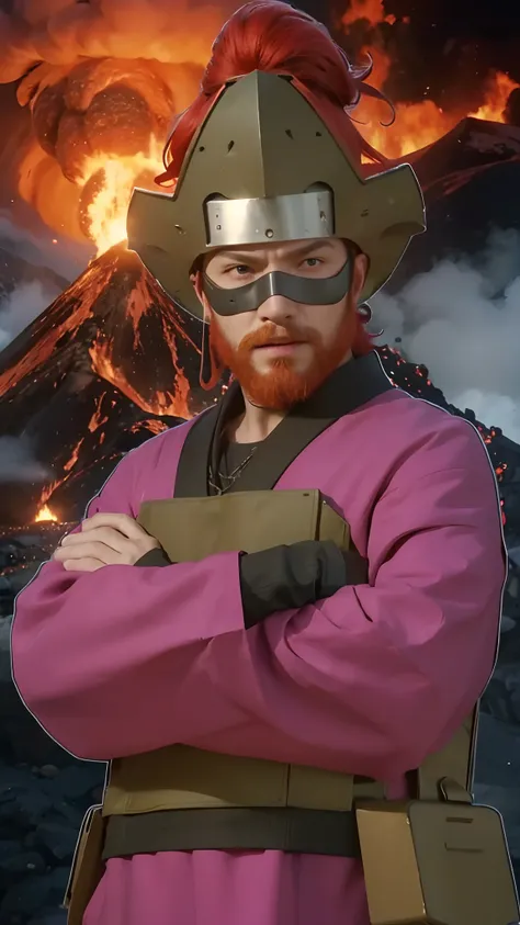 Real life adaption of this character, adult handsome man face, cool expression,realistic same red hair and red beard,(realistic same outfit),Same realistic outfit on the head,There is an iron plate on his face , realistic The volcano erupted  background, h...