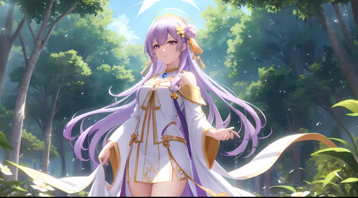 Athena with plain long light purple hair,hair between eyes,green eyes,rosy cheeks,full lips,thin eyebrows,slender body,long pure white robe with very long golden skirt,praying beads on beck,cute anime girl,full body,flowers field in background,anime style,...