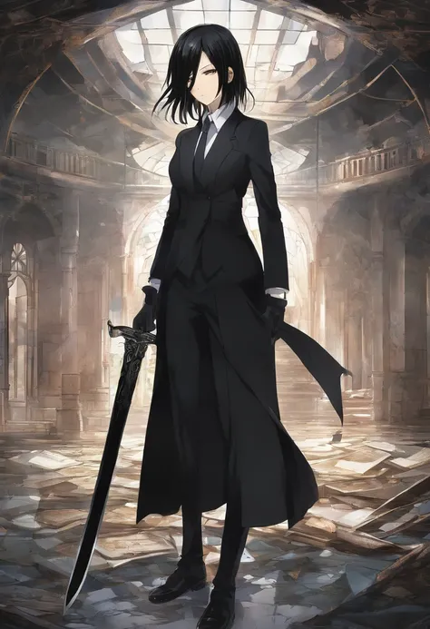 Mikasa Ackerman, with long black hair, Dressed in an elegant black suit, Walking through an abandoned house with the tip of a sword, super detailed image, Manga style, Full-HD、Zito-order